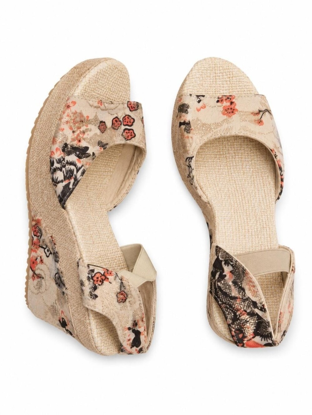 Floral Beige Wedge Sandals with Elastic Back Strap